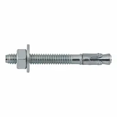 Zinc-plated steel wedge anchors for fastening to concrete. 1/4 in diameter, 1/4"-20 thread size, 2 1/4 in overall length. Pack of 100. Suitable for securing structural steel, machinery, and equipment in indoor applications.