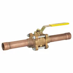 This bronze, straight, full-port ball valve features MNPT x Tube connections and a locking lever handle. It is cleaned and bagged for oxygen service, suitable for industrial gas systems requiring minimal flow restriction.