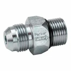 Steel-body check valve rated for 3,000 psi and 75 gpm. Inlet connection is 1 5/16 in JIC 37° Flare; outlet is SAE O-Ring Boss. Allows flow in one direction only, preventing backflow in hydraulic systems such as industrial machinery, mobile equipment, and power units.