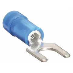 Blue vinyl-insulated fork terminal from the CT Series with funnel-entry barrel. Accommodates 16 AWG to 14 AWG wire, fits #8 stud, rated 600 V. Used for terminating wires on terminal blocks, switches, and relays in control panels and power distribution.