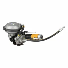 This pneumatic feedwheel tensioner is designed for tensioning steel strapping in standard-duty applications. It features a round seal surface for secure joint formation and operates on pneumatic power. Compatible with steel strapping, it is commonly used in industrial packaging and shipping operations.