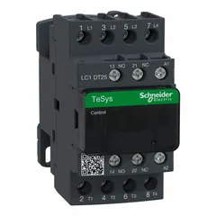 This SCHNEIDER IEC contactor is a non-reversing model with 4 poles and 4 normally open (NO) contacts. Rated for 25 A with a 208V AC coil, it is used for switching electrical loads in motor control and automation systems, such as lighting, heating, and power distribution. No integrated surge suppression.