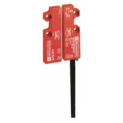 Magnetically actuated safety interlock switch from the XCSDM Series with 1NO/1NC contact configuration. Features an LED indicating light and pre-cabled termination for simplified wiring. Used to monitor the position of movable guards on industrial machinery.
