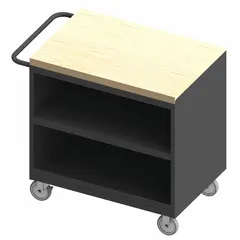This fully assembled mobile cabinet bench features a butcher block top and open storage with shelves. It includes a side handle for mobility and has an overall load capacity of 1,200 lb. Suitable for industrial workshops, garages, and maintenance facilities where heavy-duty assembly, repair, and storage tasks are performed.