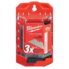 Steel utility blades with straight edge and standard tip. Each blade measures 3/4 in width and 0.025 in thickness. Suitable for cutting cardboard, drywall, plastic strapping, and roofing felt in construction, warehousing, and packaging applications.
