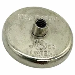 This magnet mount features a rare earth magnet with a female #10-24 threaded insert. It is used to attach sensors, cameras, or fixtures to ferrous surfaces in industrial automation, machining, and test setups.