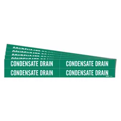 Green adhesive pipe markers with white 'Condensate Drain' legend, designed for pipes with outer diameters from 3/4 to 2-3/8 inches. Each pack contains 4 markers without arrows, supplied as a 5-pack. Used to identify condensate drain lines in piping systems for clear visual communication.