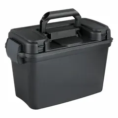This plastic tool box in black features a hinged lid with padlock provision for secure storage. With dimensions of 15 1/8 inches wide, 7 7/8 inches deep, and 10 1/4 inches high, it is suited for organizing and transporting hand tools, power tools, and accessories in workshops, garages, and job sites.