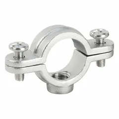 Split-ring conduit hanger clamp for 1/2 in trade size rigid metal conduit (RMC). Constructed of 316 stainless steel with a polished finish for corrosion resistance. Used to support conduit runs in electrical installations.