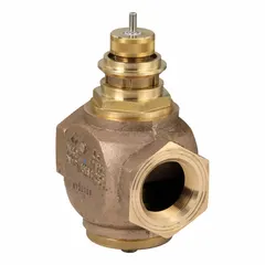 This 2-way globe valve features a bronze body, brass seat, and stainless steel stem with a stem-up-to-close action. It has a 1 1/2 in Female NPT connection and a CV flow rating of 28.9. Commonly used in hydronic systems for regulating water flow in heating and cooling applications.