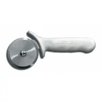 This pizza cutter features a 2 3/4 in stainless steel blade and a white polypropylene handle. Designed for one-hand operation, it is commonly used in commercial kitchens and food-service settings for cutting pizza and flatbreads