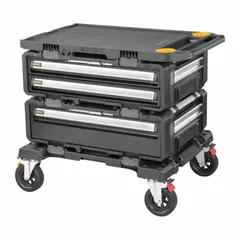 This metal rolling tool box set measures 26 in W x 34 in D x 30 in H and features a black finish. It includes an all-terrain design, a latch, and is padlock compatible for secure storage. Suitable for transporting and storing tools and equipment on job sites.