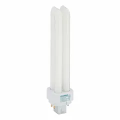 This 26-watt T4 compact fluorescent lamp features a double twin-tube design with a 4-pin G24q-3 base. It delivers 3000K warm-white light and is dimmable for adjustable brightness. Commonly used in commercial and industrial fixtures such as troffers and downlights.