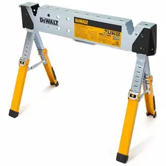 Steel top sawhorse with fold-up body and adjustable height via pull pin. Includes material arm and handle. Built-in V-grooves for clamping. Powder-coated frame. Overall load capacity 1,100 lb. Partially assembled.