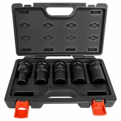 This set includes five chrome sockets with a 1 in drive, featuring five 12-point and five 6-point configurations. Designed for servicing Budd-style wheels on heavy-duty trucks and commercial vehicles, the sockets provide secure engagement on metric fasteners.