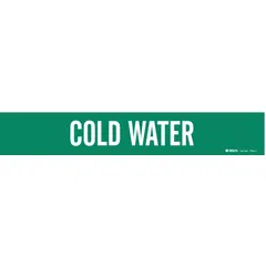Green adhesive pipe marker with white legend reading 'Cold Water'. Fits pipe outer diameters from 2-1/2 to 7-7/8 inches. Supplied without arrows. Used to identify cold water piping in facility systems.