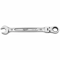 Chrome-finished combination wrench with a 19 mm 12-point ratcheting box end and a non-ratcheting open end. Overall length of 257 1/2 mm. Suitable for tightening and loosening fasteners in general mechanical and maintenance tasks.