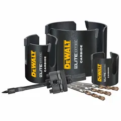This 7-piece hole saw kit features carbide-tipped teeth with 4 teeth per inch for cutting through wood, metal, plastic, and drywall. Maximum cutting depth is 2 7/16 inches. Suitable for general construction and maintenance tasks requiring clean holes in various materials.