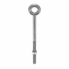 This machinery eye bolt without shoulder is made from 18-8 stainless steel with a plain finish. It has a 5/16"-18 thread size and includes a nut. Used for lifting, rigging, and pulling applications where a threaded anchor point is required.