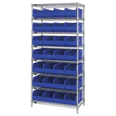 This wire stationary bin shelving unit includes 28 blue polypropylene open-front shelf bins, each 7 in x 8-1/4 in x 18 in. The silver steel frame provides a sturdy structure for organizing industrial components, parts, and small items in warehouses, workshops, and manufacturing facilities.