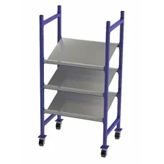 This mobile flow rack features three tilted steel shelves on a bolted frame, using gravity to advance parts forward. Suitable for lean manufacturing and assembly-line parts presentation, it reduces worker motion and improves picking efficiency. Overall dimensions: 36 in wide x 28 in deep x 72 in high.