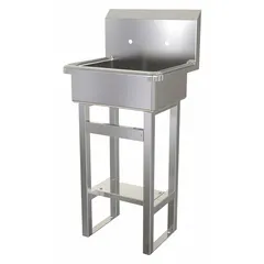 This one-station freestanding hand sink is constructed of 16-gauge stainless steel with a 17-inch bowl length and 7-inch bowl depth. It features two faucet holes and an overall height of 43 1/2 inches. Side splash is not included. Suitable for commercial and industrial handwashing applications where a separate faucet is installed.