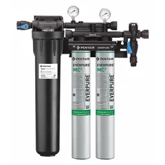 This multi-purpose water filter system reduces chlorine taste using carbon filter media. It features a 3.3 gpm flow rate, NPT connections, and a capacity of 18,000 gallons. The overall height is 25 1/2 inches. Suitable for point-of-use applications requiring carbon filtration.