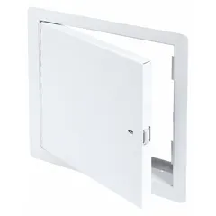 This locking access door is constructed from 16-gauge steel with a powder-coated finish. It features a piano hinge and exposed flange for wall mounting. The 12-inch square opening provides access to utility panels, valves, or junction boxes in commercial and industrial settings.