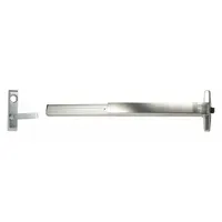 Rim-type exit device with touchbar push pad and lever outside trim. Chrome finish. ADA compliant. For doors up to 3 ft wide, right hand reverse swing. Suitable for commercial egress applications requiring code-compliant panic hardware