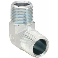 This steel pipe elbow features male NPT threads on both ends for connecting two 1-inch pipes at an angle. Rated for 3000 psi maximum operating pressure, it is used in hydraulic, pneumatic, and industrial fluid handling systems to change direction in piping