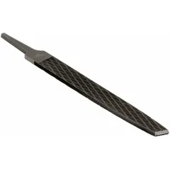 Smooth cut tapered chip-breaking rectangular file, 8 in length without tang, 13/16 in width, 3/16 in thickness. Black oxide finish. Used for precision deburring, finishing, and shaping of metal surfaces in toolrooms and maintenance shops.