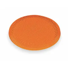 Round amber stick-on reflector made of acrylic. Measures 2 inches in overall length and width. Meets SAE A standards for vehicle conspicuity. Commonly applied to trailers, trucks, and other equipment to improve visibility in low-light conditions.