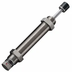 Steel shock absorber with 15.7 N force rating, designed to dampen motion and absorb energy in industrial machinery, conveyors, and automation systems. Suitable for light-duty positioning and vibration control applications.