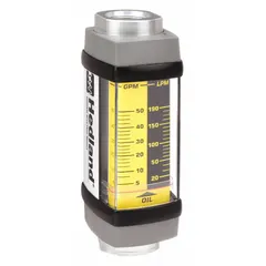 This inline variable area flowmeter from HEDLAND is designed for measuring flow rates of petroleum fluids such as hydraulic oils and lubricants. It features a scale display with +/-2% accuracy, Viton seals and O-rings, and universal mounting orientation. The unit measures in liters and has SAE connections. Suitable for industrial hydraulic systems, lubrication circuits, and fluid transfer applications.