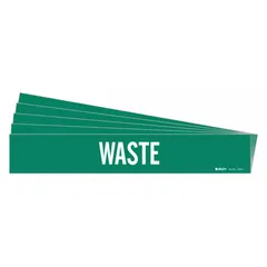 Green adhesive pipe marker with white 'Waste' legend, designed for pipes with outer diameters from 2-1/2 to 7-7/8 inches. Supplied without directional arrows. Used for identifying waste piping systems in industrial facilities.