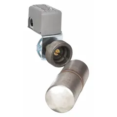 Side-mounted float switch with a 45° float rod angle, DPST-2NO contact configuration that opens on rise, and screw clamp electrical connections. Requires minimum media specific gravity of 0.85. Used for liquid level detection in tanks or vessels, suitable for high-level alarm or pump shut-off applications.