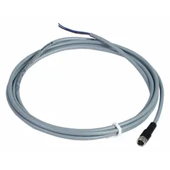 Single-ended cordset with PVC jacket for flexing applications. Features an M8 female straight connector on one end and bare wire on the other. Gray PVC jacket, 5 m cable length. Rated IP67 for dust and water ingress protection. Used to connect sensors or actuators in industrial automation.