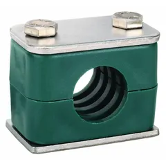 This beta clamp features a 304 stainless steel clamp and a polypropylene cushion with a textured core for vibration dampening. It is used to secure and cushion tubing or piping in industrial systems, reducing vibration and noise in hydraulic, pneumatic, and process lines.