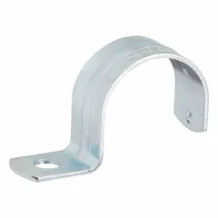 Steel one-hole strap clamp for securing 2 in trade size IMC and RMC conduit to surfaces. Electroplated gray finish provides corrosion resistance. Features a 0.406 in mounting hole and dimensions of 4-1/16 in length, 2-7/16 in height, and 29/32 in width with 0.12 in steel thickness. Suitable for supporting rigid conduit in electrical installations.