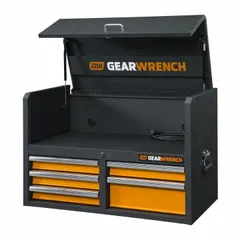 This GEARWRENCH GSX-series top chest provides organized storage for tools and equipment in industrial workshops, garages, and maintenance facilities. It features a keyed locking system for security, five drawers with liners, and four built-in 110V power outlets for charging devices. Overall dimensions: 35-3/4 in wide by 17-3/4 in deep.