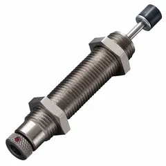 Steel industrial shock absorber with 5.88 N force rating. Used to dampen motion and reduce impact forces in machinery such as automation, packaging, and material handling equipment.
