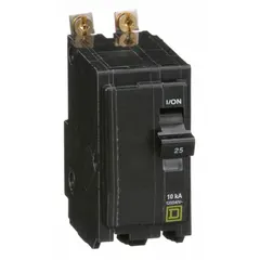 Bolt-on miniature circuit breaker from the QOB Series, rated 25 A at 120/240V AC single phase. Provides overcurrent protection with a maximum interrupting rating of 10kA at 120/240V AC. Two-pole construction for use in Square D NQOD panelboards in commercial and industrial power distribution systems.