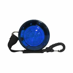 Battery-powered flashing warning light with blue lens, delivering 120 flashes per minute. Features a magnet mounting mechanism for portable placement on ferrous surfaces. Overall dimensions: 2 in length by 3 3/4 in width. Suitable for visual signaling in industrial environments such as rail yards, construction sites, and maintenance areas.
