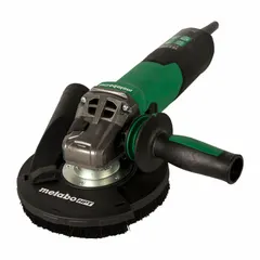 Angle grinder for grinding and milling concrete and masonry surfaces. Operates on 120V AC with 14.5 A current and a maximum speed of 9,600 RPM. Features a 5-inch diameter wheel and includes an extraction hood for dust control.