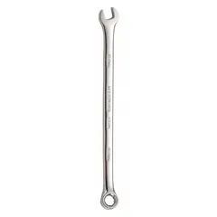Alloy steel construction with chrome finish. Features a 12-point box end and open end with offset and rounded design. Head size 6 mm, overall length 5 in. Used for tightening or loosening metric fasteners in automotive, machinery, and general assembly applications.