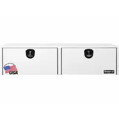 This topside box features double drop-down doors for access to stored items. With a 72-inch overall width, it is suited for full-size pickup truck beds. The white finish and keyed lock provide security for tools and equipment.