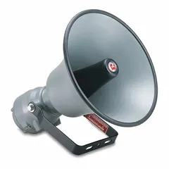 This 30-watt tone alarm operates on 24V DC and is housed in a gray enclosure. Rated for indoor and outdoor use, it is designed for hazardous locations where audible warning signals are required. Typical applications include industrial facilities such as factories, refineries, and chemical plants.
