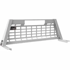 This steel headache rack is designed for trucks with a 25-inch bed length, providing a protective barrier behind the cab to prevent cargo from shifting forward. It features a white finish and measures 71 inches wide by 25 inches tall. Suitable for use with trucks requiring a cab protector for bed lengths of 25 inches.