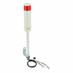 Single-tier tower light assembly with red light tier and integrated sounder tier. Operates at 100 to 240V AC/DC. Overall height 599 13/16 mm. Used for visual and audible status indication in industrial automation and machinery applications.