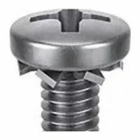 M6x1.00 thread, 20 mm length, stainless steel with passivated finish, pan head, #3 drive size. Integrated external tooth lock washer resists loosening from vibration. Suitable for industrial assemblies requiring secure fastening